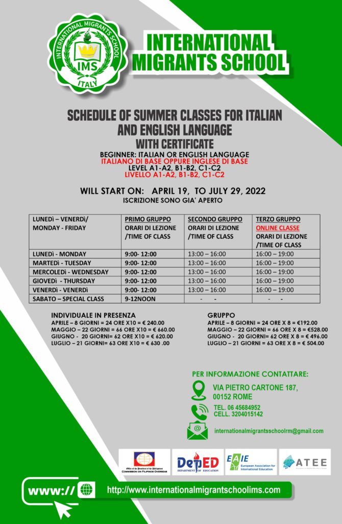 SCHEDULE OF SUMMER CLASSES FOR ITALIAN AND ENGLISH LANGUAGE WITH CERTIFICATE